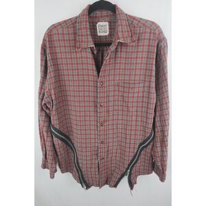 Furst of A Kind Size Lg 44-46 Mens Button Down Plaid Zipper Shirt Red Distressed